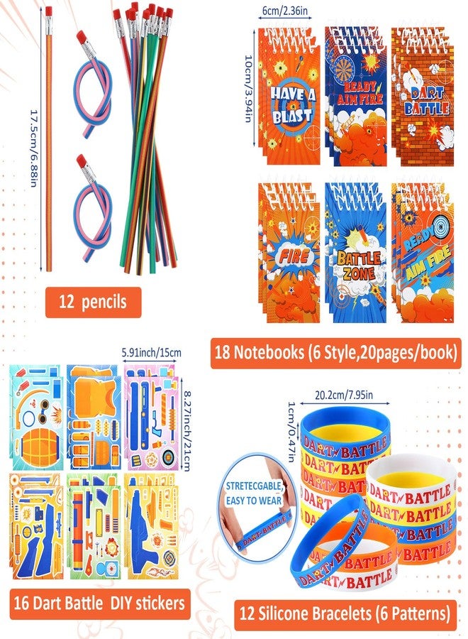 Vertintong 110 Pcs Dart Battle Party Favors Back to School Gifts Includes Dart Party Favor Bags Silicone Wristbands Badges Notebook Keychain Stickers Bendable Pencil for Birthday - Image 3